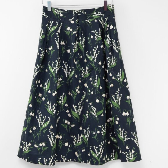 Carolina Herrera Midi Skirt Lilly of the Valley Print Navy Blue Green Cream 4 - Picture 2 of 8